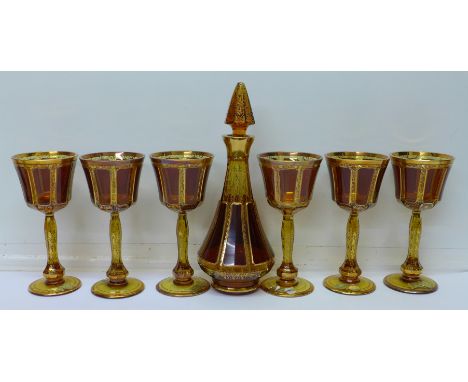 Six Bohemian Crystal glasses and decanter, Egermann, Czech Republic