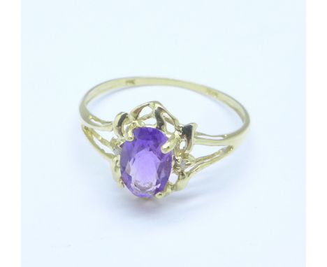 A 9ct gold, amethyst and diamond ring, 1g, P