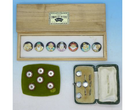 Buttons including a set of six enamel and mother of pearl