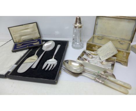 An EPNS trinket box and cased/loose cutlery; a three piece pie set, mother of pearl servers, EP Art Deco spoons and a cut gla