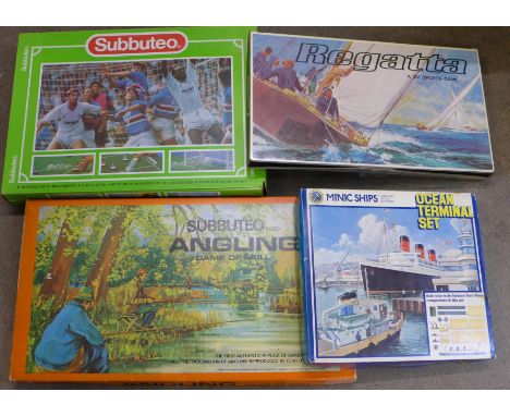 Board games comprising Subbuteo Angling and Football with extra England team, a Regatta Sports game and a Hornby Minic Ships 