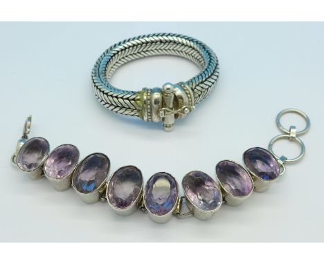 A heavy white metal bracelet and an amethyst stone set bracelet, total weight 338g