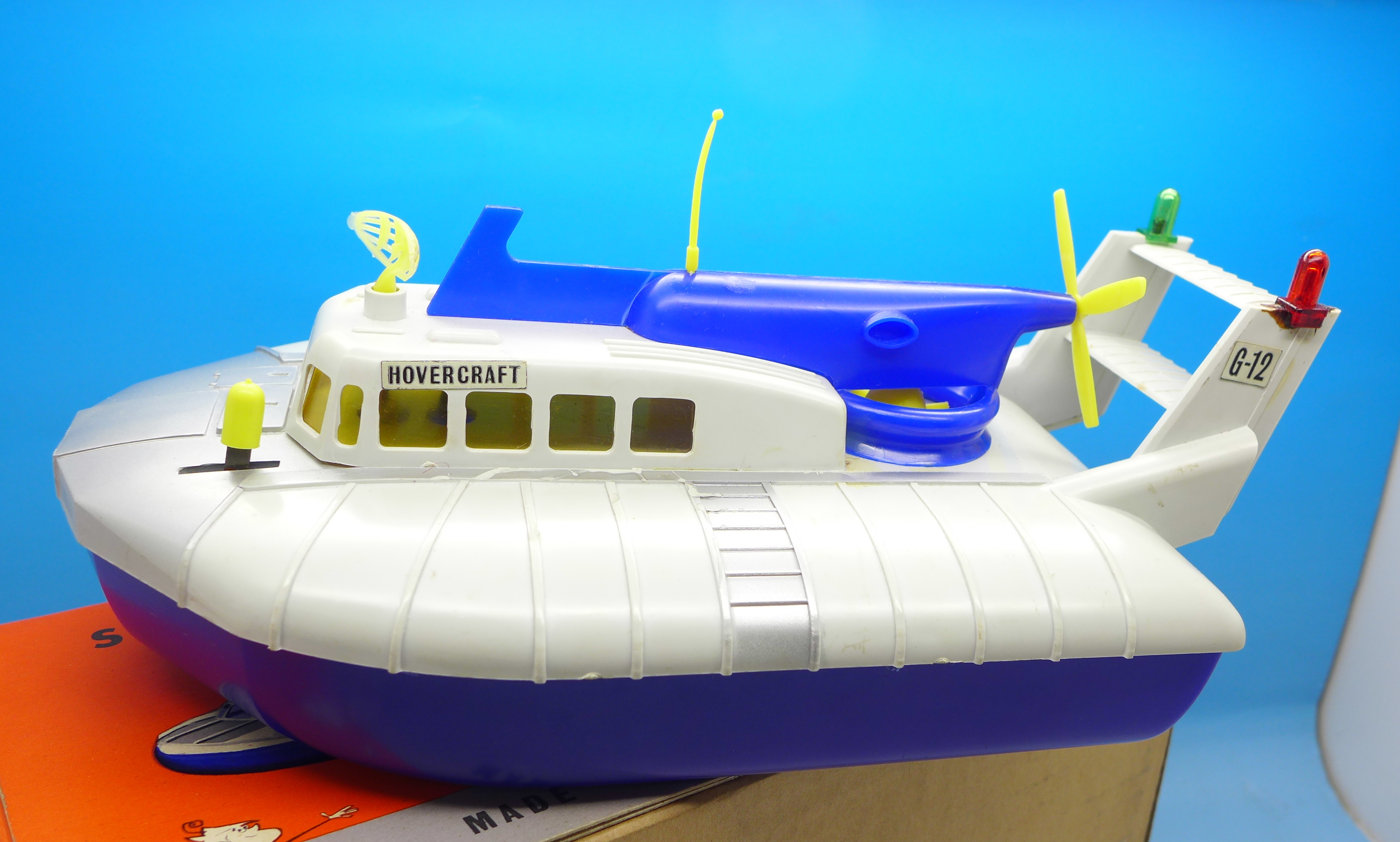 A battery operated S.R.N. 5 Hovercraft made by Louis Marx & Co. Ltd., boxed