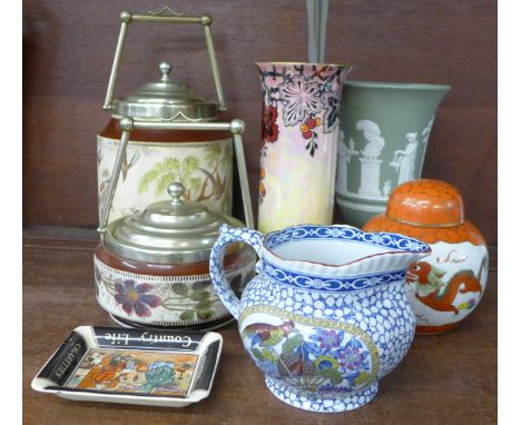 A Wedgwood green Jasperware vase, a Crown Ducal lustre vase, a John Player ashtray, ginger jar, Albion ware biscuit barrel an