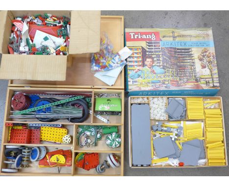 A wooden box of Meccano, a Tri-ang Arkitex scale model construction kit and a box of Bayko