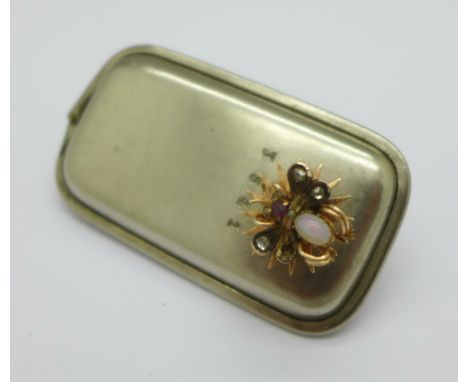 An automated yellow metal fly, set with diamonds, opal, pearl and red stone, a/f