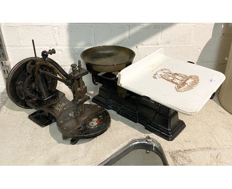 VINTAGE SEWING MACHINE &amp; SET OF KITCHEN SCALES