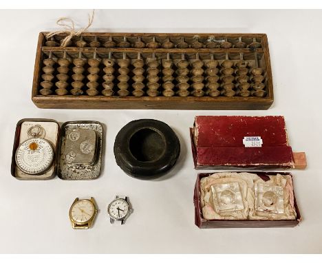 INTERESTING ITEMS INCL. CHINESE ABACUS, WATCHES, GLASS INKWELLS