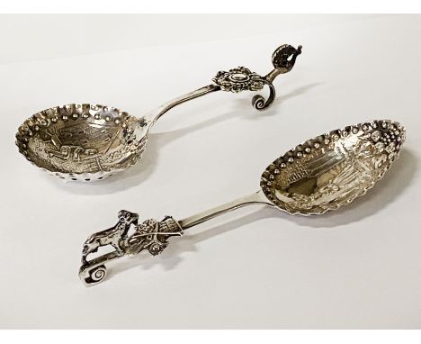 TWO HM SILVER DUTCH TEA CADDY SPOONS - 2 OZS APPROX