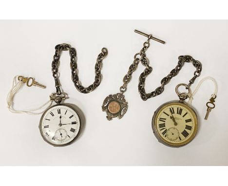 2 H/M SILVER POCKET WATCHES WITH 2 FOB CHAINS - YEWDALL OF LEEDS &amp; W D WATTAS OF NOTTINGHAM