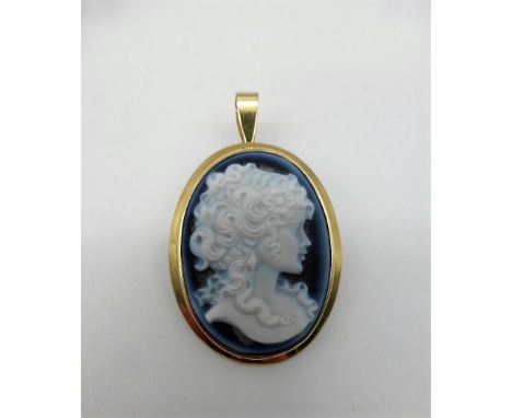 Kameebrosche, auch als Anhänger tragbar, Gelbgoldfassung 585, Ovalmedaillon mit feingeschnittenen, weiblichen Portrait auf az