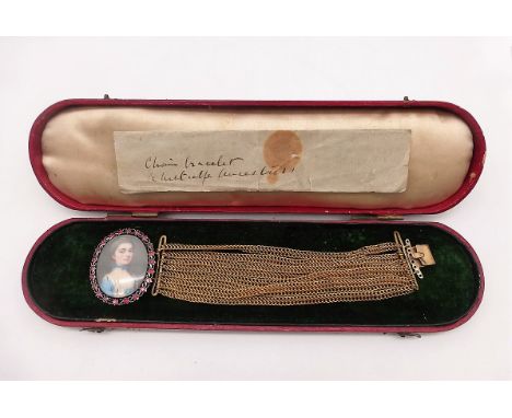 Antikes Armband mit Medaillon mit feiner Miniatur Malerei, Frankreich 19.Jh., Silber /Gold 750 (geprüft), fein gemaltes Portr