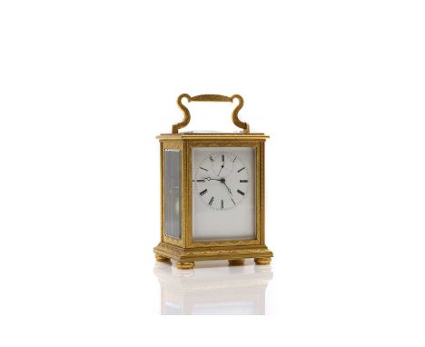 A brass striking carriage clock, 19th century, by Bolviller A Paris, the enamel dial with Roman numerals, moon hands and subs