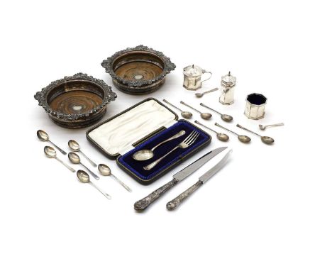 A collection of cased silver items  comprising a cruet set, by Elkington &amp; Co, Birmingham 1935, a Christening spoon and f