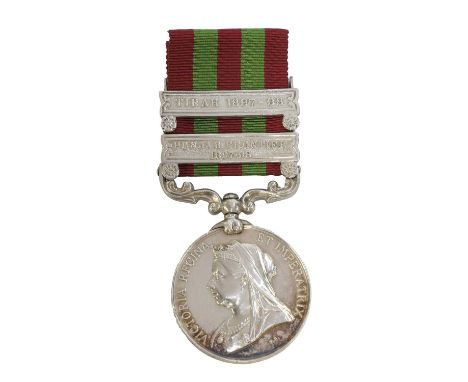 An Indian General Service Medal 1895-1902, awarded to 88709 Trooper R. A. Wearing 5th M.B.R.A, with two clasps for Tirah 1897