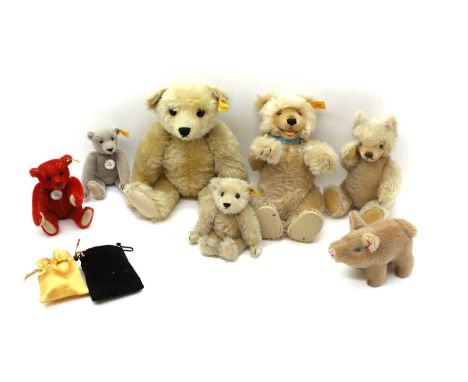 A group of six Steiff teddy bears mid to late 20th century, each with a fabric label to the ear,the largest 28cm hightogether