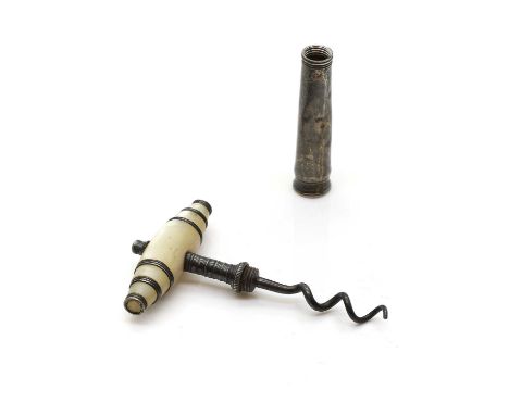 A Georgian silver and mother of pearl corkscrew, c.1800, with initials 'FG' to the base, 8cm hightotal 0.93oztCondition Repor