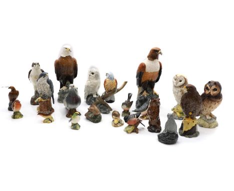 A collection of porcelain whiskey miniatures and birds  to include two Beneagles Scotch Whisky decanters, 16cm high, Royal Do