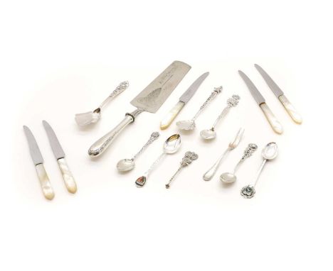 A collection of German silver flatware  all marked 800, to include two cake slices, five souvenir spoons, three further ename