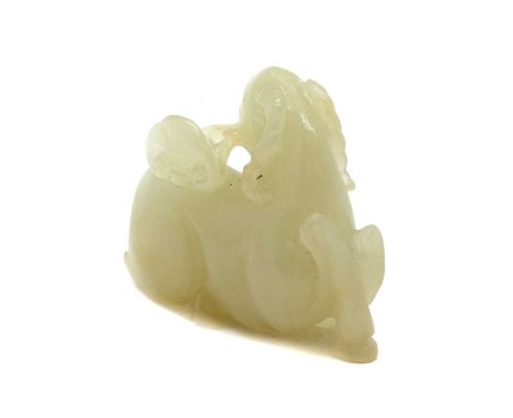 A Chinese jade carving, of a cat,4cm long,together with another Chinese jade carving,of a recumbent ram holding a lingzhi in 