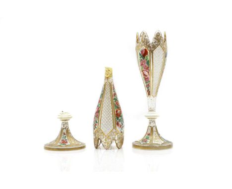 A pair of Bohemian cased glass vases 19th century, cased in opal over clear, with alternate enamelled floral and diamond cut 