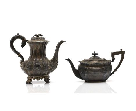 A silver coffee pot, by William Hewitt, London 1838 22cm hightogether with a silver teapot by James Dixon &amp; Sons Ltd, She