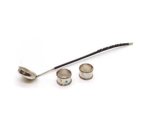 A George III silver toddy ladle with a turned wood handle,44cm longtogether with a pair of Victorian silver napkin rings,by W