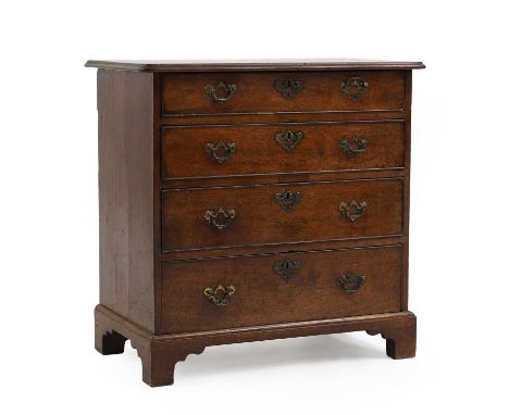 George III mahogany chest of drawers the moulded top over four graduated drawers, each with pierced brass handles, raised on 