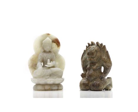 Two Chinese jade bodhisattva, 20th century, comprising:one seated cross-legged,on a double lotus pedestal in front of a flame