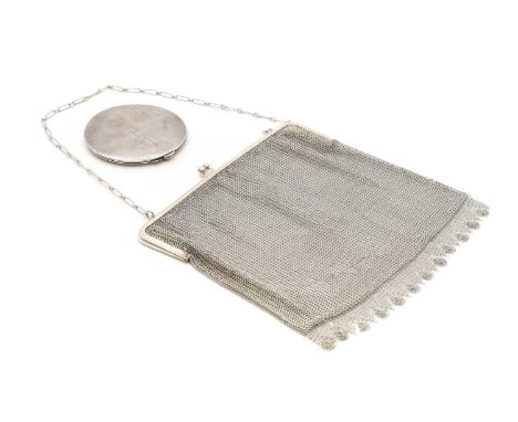 A silver mesh evening bag marked 925, 17cm widetogether with a silver Art Deco compact,by W I Broadway &amp; Co, Birmingham 1