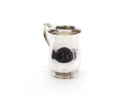 A Mappin & Webb silver mug Sheffield 1971, with engraved initials, acanthus leaf handle, and original box,12cm high14oztCondi