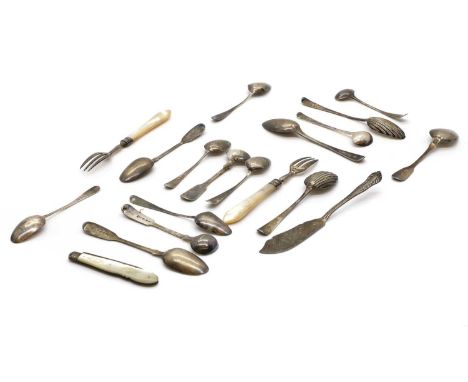 A collection of silver flatware, to include a pair of mother of pearl fruit forks, 15cm long, a mother of pearl fruit knife b