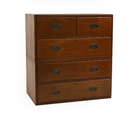 A teak campaign chest 19th Century, with two short over three long drawers, constructed in two sections and fitted with reces