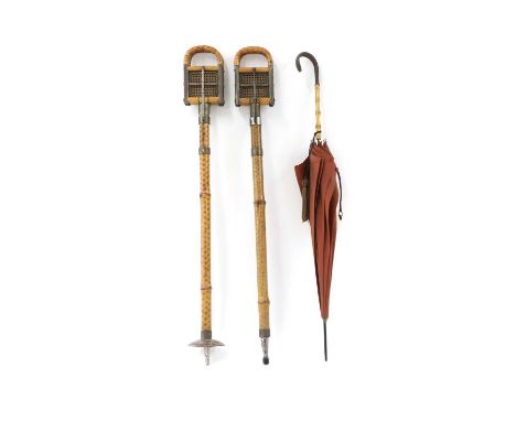 Two shooting sticks, 20th century, bamboo shooting stick, with caned seat,the tallest, 90cm hightogether with an umbrella, 20