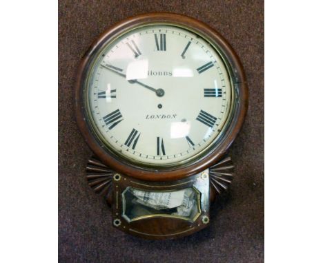An early Victorian mahogany cased drop dial timepiece, having a turned surround and inlaid brass bordering the pendulum windo
