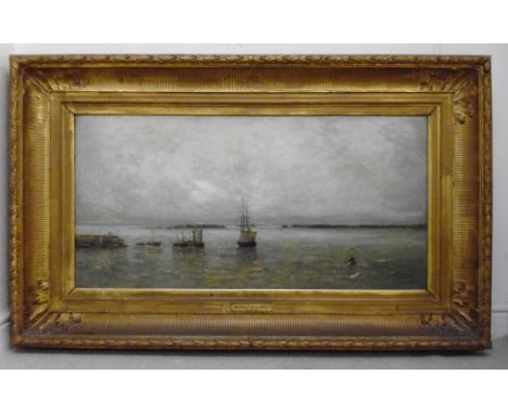Artan - 'Souvenir of Guernsey' a seascape with a harbour wall and sailing boats  oil on canvas  bears a signature  20'' x 40'