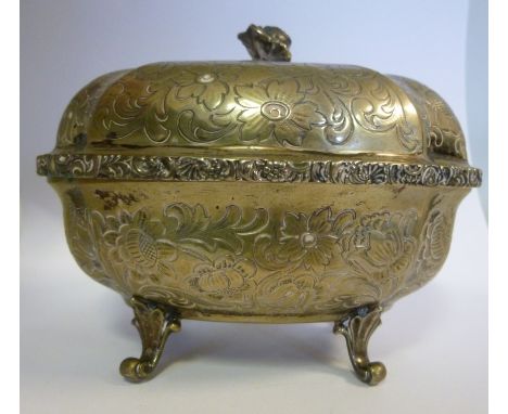 A late 19thC Continental, floral engraved silver coloured metal box of oval tureen design with a cover and floral finial, on 