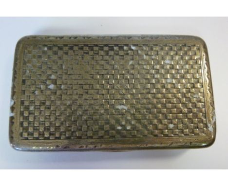 A late 19thC white metal rectangular snuff box, having a flush fitting hinged lid, cast with simulated basketweave decoration