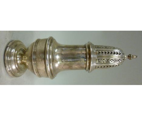 A silver caster of pedestal vase design, having a decoratively pierced, domed cover and finial  Morden  Birmingham marks rubb