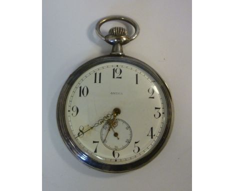An Omega silver coloured metal slim cased pocket watch, the keyless movement faced by a white enamel Arabic dial with subsidi