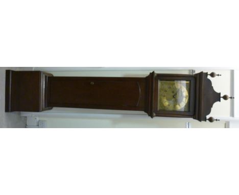 A late 18thC oak longcase clock, the hood having gilded spherical finials and turned pillars, over an arched door and a box b