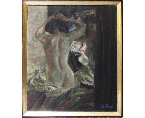 Putz, Leo (1869 Meran 1940) Art desWeiblicher Rückenakt - "Im Boudoir", so verso bez. Öl/Lwd. (l. Altersspuren), re. u. sign.
