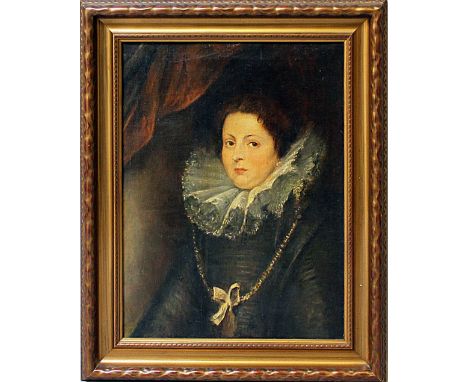 Unbekannter Maler (18./19. Jh.)Portrait einer vornehmen Dame mit Halskrause. Öl/Lwd. (Altersspuren, rest.). Ca. 66x 51 cm. R.