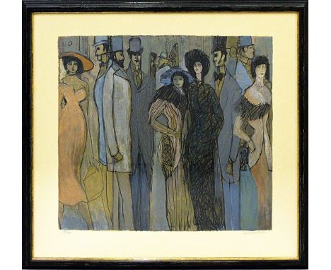 Schneuer, David (1905 Przemysl - Tel Aviv 1988)Straßenszene mit eleganten Damen und Herren. Farblithographie, re. u. mit Blei