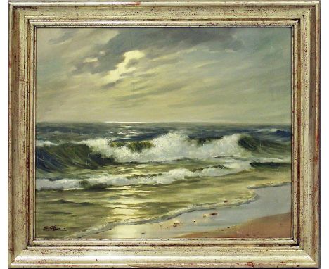 Demmin, Erich (1911 Mecklenburg-Berlin 1997)Meeresbrandung in der Dämmerung. Öl/Lwd., li. u. sign. 50x 60 cm. R.
