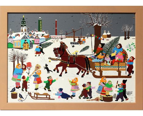 Chalupova, Zuzana (1925-2001)Weihnachtsfreuden. Öl/ Lwd. (Craquelé), re. u. sign. und dat. 1971. Rückseitig sign. und num. 3 