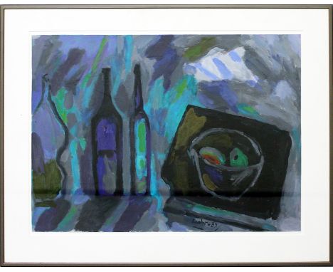 Laabs, Hans (1915 Treptow-Berlin 2004)Stillleben mit Flaschen. Mischtechnik/Papier (teils montiert), re. u. sign. und dat. (1