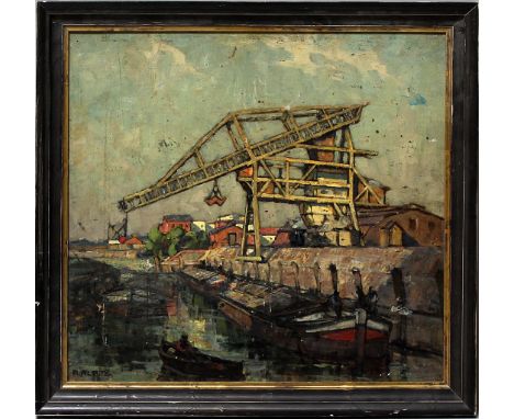 Albitz, Richard (1876 Berlin 1954)Verladehafen mit Lastschiffen. Öl/Karton (Farbverluste, Kratzer), li. u. sign. 34x 35 cm. R