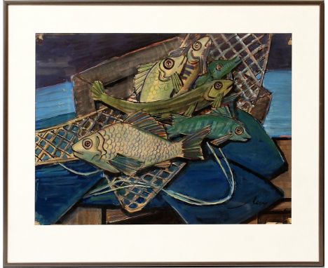 Maetzel, Emil (1877 Cuxhaven - Hamburg 1955)"Fische", so auf Etikett betitelt. Gouache/Wachsstift/Papier, re. u. sign. 37,5x 