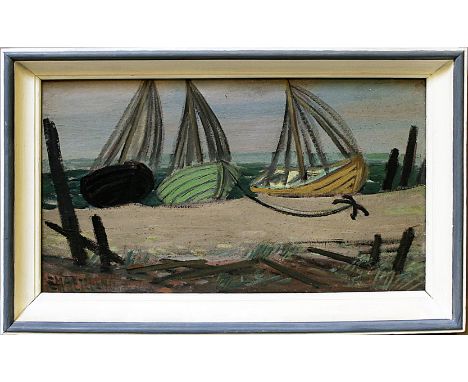Maetzel, Emil (1877 Cuxhaven - Hamburg 1955)An einem Strand liegende Boote. Öl/Platte, li. u. sign. und dat. (19)40, verso mi
